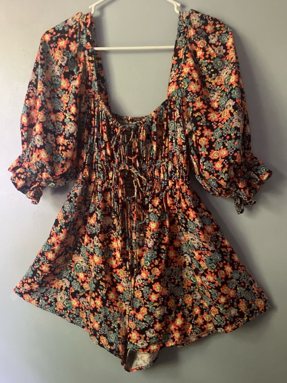 Free People Black Floral Smocked Tunic Romper with Orange & Teal Flowers